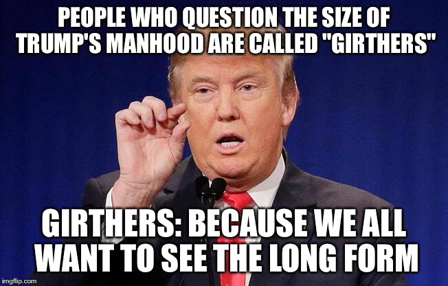 PEOPLE WHO QUESTION THE SIZE OF TRUMP'S MANHOOD ARE CALLED "GIRTHERS"; GIRTHERS: BECAUSE WE ALL WANT TO SEE THE LONG FORM | image tagged in donald trump | made w/ Imgflip meme maker