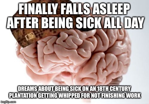 Scumbag Brain | FINALLY FALLS ASLEEP AFTER BEING SICK ALL DAY; DREAMS ABOUT BEING SICK ON AN 18TH CENTURY PLANTATION GETTING WHIPPED FOR NOT FINISHING WORK | image tagged in memes,scumbag brain | made w/ Imgflip meme maker