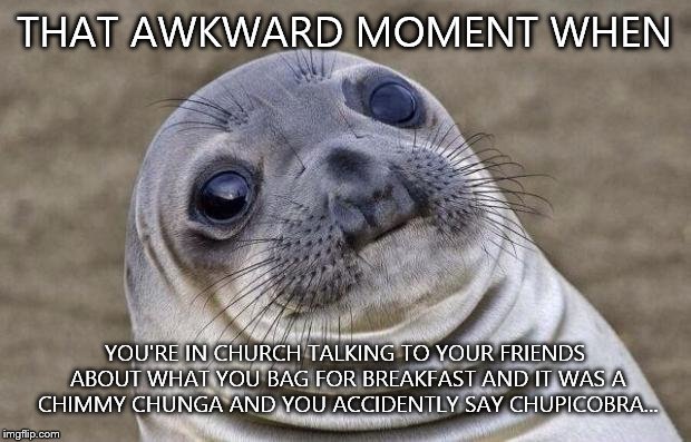 Not sure how to spell the last word... | THAT AWKWARD MOMENT WHEN; YOU'RE IN CHURCH TALKING TO YOUR FRIENDS ABOUT WHAT YOU BAG FOR BREAKFAST AND IT WAS A CHIMMY CHUNGA AND YOU ACCIDENTLY SAY CHUPICOBRA... | image tagged in memes,awkward moment sealion | made w/ Imgflip meme maker