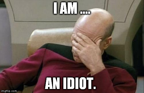 Captain Picard Facepalm Meme | I AM .... AN IDIOT. | image tagged in memes,captain picard facepalm | made w/ Imgflip meme maker