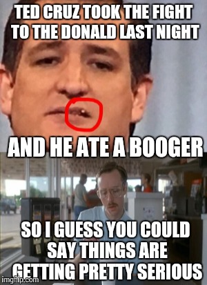 Yep, he ate it | TED CRUZ TOOK THE FIGHT TO THE DONALD LAST NIGHT; AND HE ATE A BOOGER; SO I GUESS YOU COULD SAY THINGS ARE GETTING PRETTY SERIOUS | image tagged in ted cruz,gopdebate,booger,so i guess you can say things are getting pretty serious | made w/ Imgflip meme maker