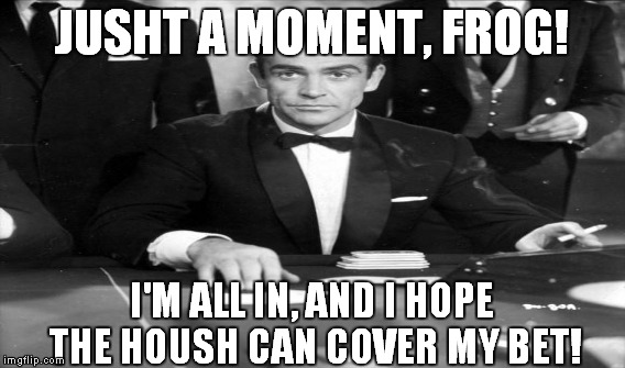 JUSHT A MOMENT, FROG! I'M ALL IN, AND I HOPE THE HOUSH CAN COVER MY BET! | made w/ Imgflip meme maker