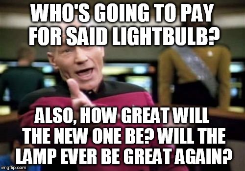 Picard Wtf Meme | WHO'S GOING TO PAY FOR SAID LIGHTBULB? ALSO, HOW GREAT WILL THE NEW ONE BE? WILL THE LAMP EVER BE GREAT AGAIN? | image tagged in memes,picard wtf | made w/ Imgflip meme maker