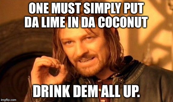 One Does Not Simply Meme | ONE MUST SIMPLY PUT DA LIME IN DA COCONUT DRINK DEM ALL UP. | image tagged in memes,one does not simply | made w/ Imgflip meme maker