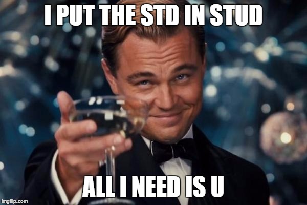Leonardo Dicaprio Cheers | I PUT THE STD IN STUD; ALL I NEED IS U | image tagged in memes,leonardo dicaprio cheers | made w/ Imgflip meme maker