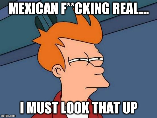 Futurama Fry Meme | MEXICAN F**CKING REAL.... I MUST LOOK THAT UP | image tagged in memes,futurama fry | made w/ Imgflip meme maker