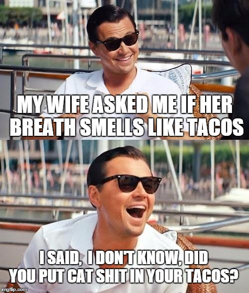 Leonardo Dicaprio Wolf Of Wall Street Meme | MY WIFE ASKED ME IF HER BREATH SMELLS LIKE TACOS; I SAID,  I DON'T KNOW, DID YOU PUT CAT SHIT IN YOUR TACOS? | image tagged in memes,leonardo dicaprio wolf of wall street | made w/ Imgflip meme maker