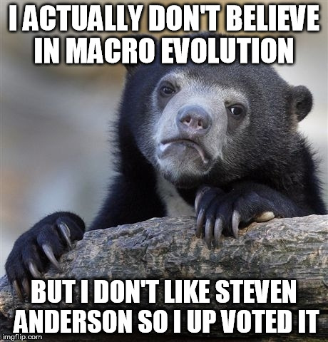 Confession Bear Meme | I ACTUALLY DON'T BELIEVE IN MACRO EVOLUTION BUT I DON'T LIKE STEVEN ANDERSON SO I UP VOTED IT | image tagged in memes,confession bear | made w/ Imgflip meme maker