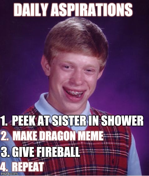 Bad Luck Dragon Kid | DAILY ASPIRATIONS; 1.  PEEK AT SISTER IN SHOWER; 2.  MAKE DRAGON MEME; 3. GIVE FIREBALL; 4.  REPEAT | image tagged in memes,bad luck brian | made w/ Imgflip meme maker