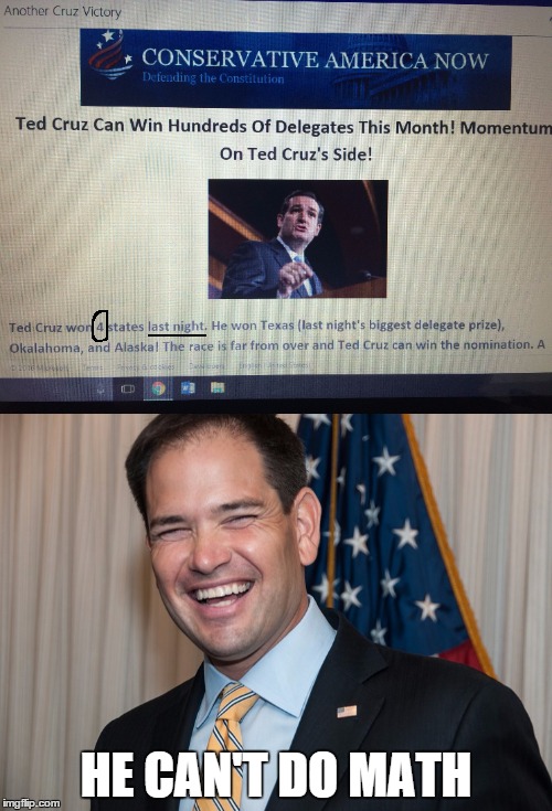 3=4, according to Ted Cruz | HE CAN'T DO MATH | image tagged in ted cruz,marco rubio,rubio,election 2016,president 2016 | made w/ Imgflip meme maker