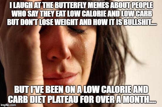 First World Problems Meme | I LAUGH AT THE BUTTERFLY MEMES ABOUT PEOPLE WHO SAY THEY EAT LOW CALORIE AND LOW CARB BUT DON'T LOSE WEIGHT AND HOW IT IS BULLSHIT.... BUT I'VE BEEN ON A LOW CALORIE AND CARB DIET PLATEAU FOR OVER A MONTH.... | image tagged in memes,first world problems | made w/ Imgflip meme maker