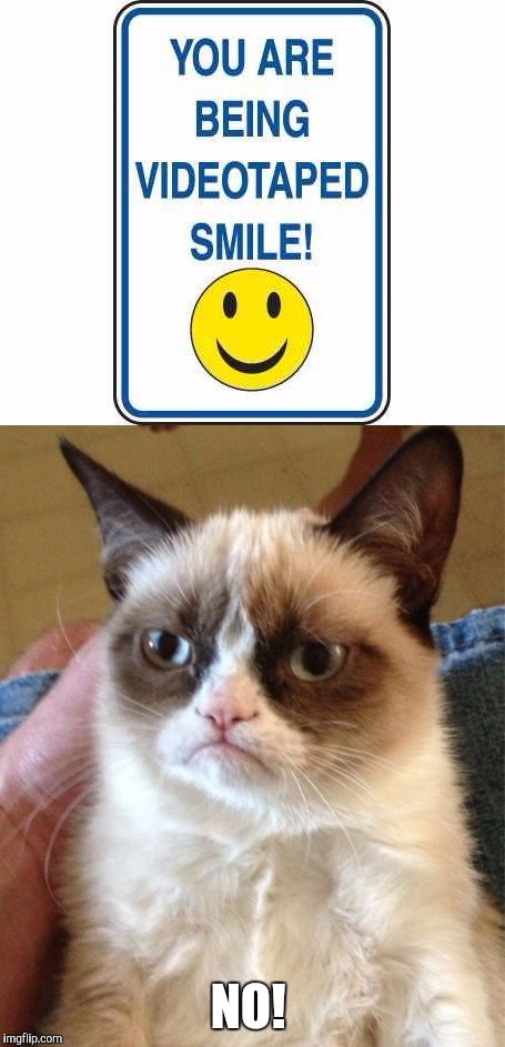 NO! | image tagged in grumpy cat,smile | made w/ Imgflip meme maker