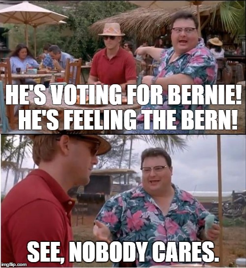 HE'S VOTING FOR BERNIE!  HE'S FEELING THE BERN! SEE, NOBODY CARES. | image tagged in bernie sanders,feel the bern | made w/ Imgflip meme maker