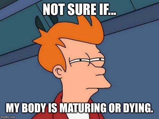 Futurama Fry | NOT SURE IF... MY BODY IS MATURING OR DYING. | image tagged in memes,futurama fry | made w/ Imgflip meme maker