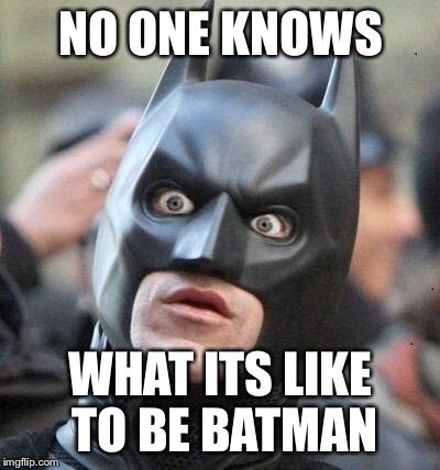 Shocked Batman | NO ONE KNOWS; WHAT ITS LIKE TO BE BATMAN | image tagged in shocked batman | made w/ Imgflip meme maker