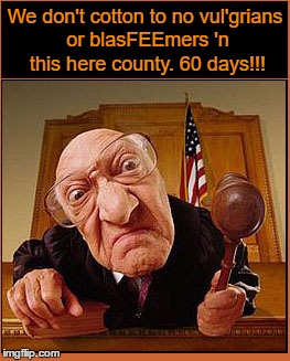 Judgmental Judge | We don't cotton to no vul'grians or blasFEEmers 'n this here county. 60 days!!! | image tagged in judge,blasphemy,vulgarity,christian nation,1st amendment | made w/ Imgflip meme maker