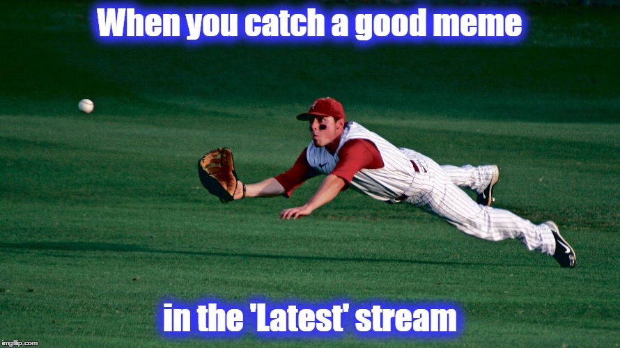 They often don't stay around very long - links to some of my favorites in the comments (feel free to add) :D | When you catch a good meme; in the 'Latest' stream | image tagged in memes,imgflip,latest stream,favorites,baseball catch | made w/ Imgflip meme maker