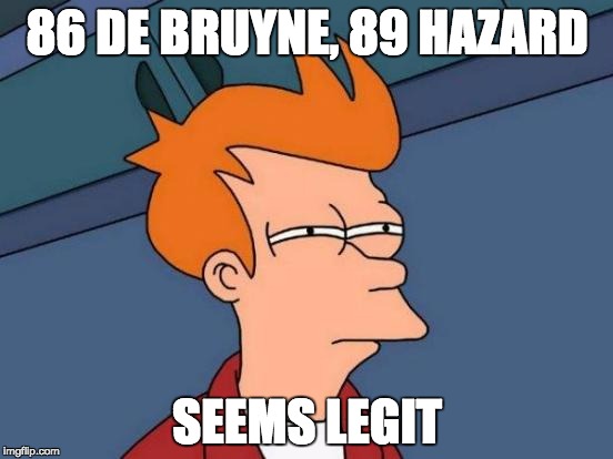Futurama Fry Meme | 86 DE BRUYNE, 89 HAZARD; SEEMS LEGIT | image tagged in memes,futurama fry | made w/ Imgflip meme maker