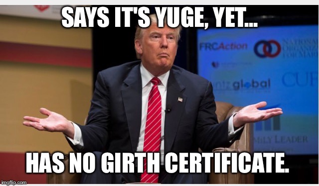 SAYS IT'S YUGE, YET... HAS NO GIRTH CERTIFICATE. | image tagged in trump girth | made w/ Imgflip meme maker