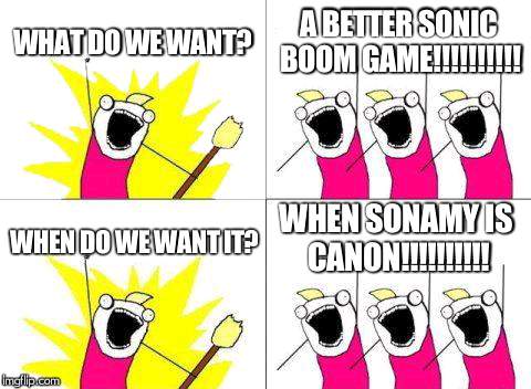 What Do We Want Meme | WHAT DO WE WANT? A BETTER SONIC BOOM GAME!!!!!!!!!! WHEN SONAMY IS CANON!!!!!!!!!! WHEN DO WE WANT IT? | image tagged in memes,what do we want | made w/ Imgflip meme maker