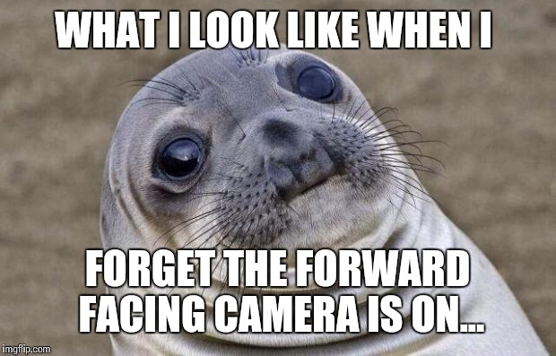 Awkward Moment Sealion Meme | WHAT I LOOK LIKE WHEN I; FORGET THE FORWARD FACING CAMERA IS ON... | image tagged in memes,awkward moment sealion | made w/ Imgflip meme maker