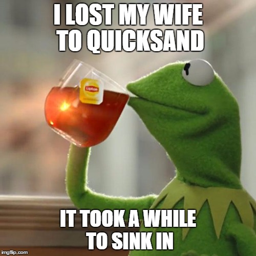 But That's None Of My Business Meme | I LOST MY WIFE TO QUICKSAND; IT TOOK A WHILE TO SINK IN | image tagged in memes,but thats none of my business,kermit the frog | made w/ Imgflip meme maker