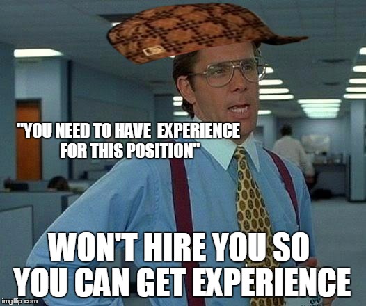 That Would Be Great | "YOU NEED TO HAVE  EXPERIENCE FOR THIS POSITION"; WON'T HIRE YOU SO YOU CAN GET EXPERIENCE | image tagged in memes,that would be great,scumbag | made w/ Imgflip meme maker