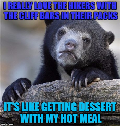 Confession Bear | I REALLY LOVE THE HIKERS WITH THE CLIFF BARS IN THEIR PACKS; IT'S LIKE GETTING DESSERT WITH MY HOT MEAL | image tagged in memes,confession bear | made w/ Imgflip meme maker