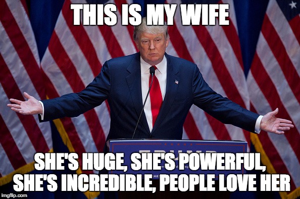 Donald Trump | THIS IS MY WIFE; SHE'S HUGE, SHE'S POWERFUL, SHE'S INCREDIBLE, PEOPLE LOVE HER | image tagged in donald trump | made w/ Imgflip meme maker