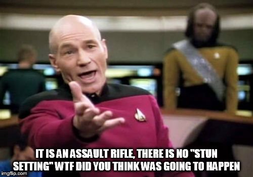 Picard Wtf | IT IS AN ASSAULT RIFLE, THERE IS NO "STUN SETTING" WTF DID YOU THINK WAS GOING TO HAPPEN | image tagged in memes,picard wtf | made w/ Imgflip meme maker