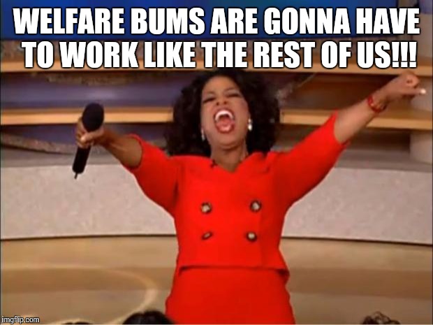 Oprah You Get A | WELFARE BUMS ARE GONNA HAVE TO WORK LIKE THE REST OF US!!! | image tagged in memes,oprah you get a | made w/ Imgflip meme maker