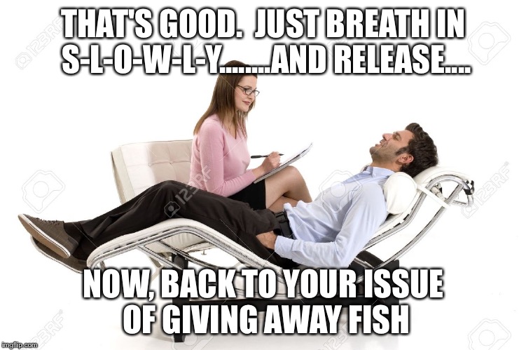 THAT'S GOOD.  JUST BREATH IN S-L-O-W-L-Y........AND RELEASE.... NOW, BACK TO YOUR ISSUE OF GIVING AWAY FISH | made w/ Imgflip meme maker