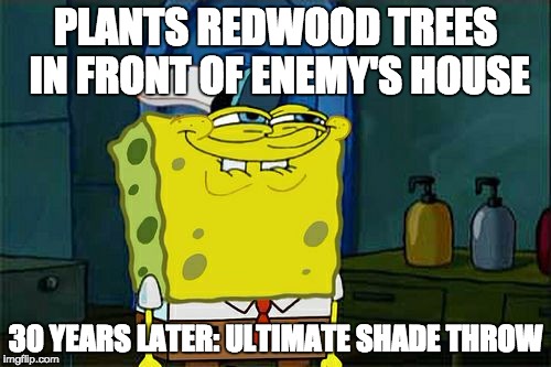 Ultimate Shade Throw | PLANTS REDWOOD TREES IN FRONT OF ENEMY'S HOUSE; 30 YEARS LATER: ULTIMATE SHADE THROW | image tagged in memes,dont you squidward | made w/ Imgflip meme maker