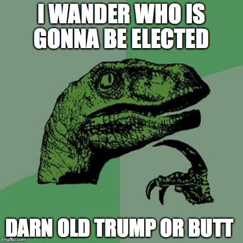 Philosoraptor | I WANDER WHO IS GONNA BE ELECTED; DARN OLD TRUMP OR BUTT | image tagged in memes,philosoraptor | made w/ Imgflip meme maker