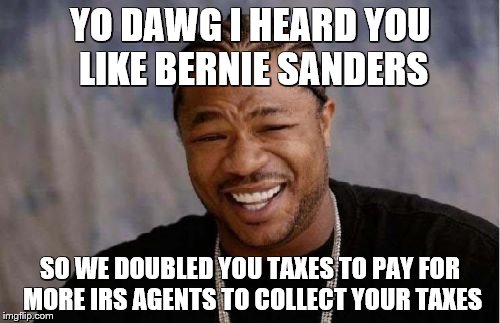 Yo Dawg Heard You | YO DAWG I HEARD YOU LIKE BERNIE SANDERS; SO WE DOUBLED YOU TAXES TO PAY FOR MORE IRS AGENTS TO COLLECT YOUR TAXES | image tagged in memes,yo dawg heard you | made w/ Imgflip meme maker