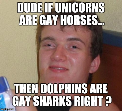 10 Guy |  DUDE IF UNICORNS ARE GAY HORSES... THEN DOLPHINS ARE GAY SHARKS RIGHT ? | image tagged in memes,10 guy | made w/ Imgflip meme maker