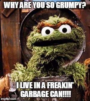 Even Elmo has his own condo... | WHY ARE YOU SO GRUMPY? I LIVE IN A FREAKIN' GARBAGE CAN!!!! | image tagged in oscar the grouch | made w/ Imgflip meme maker