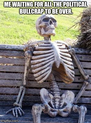 Waiting Skeleton Meme | ME WAITING FOR ALL THE POLITICAL BULLCRAP TO BE OVER. | image tagged in memes,waiting skeleton | made w/ Imgflip meme maker