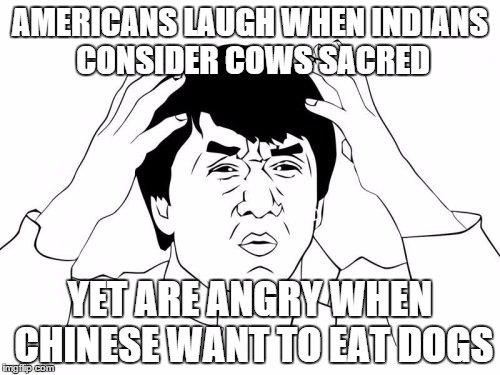 Jackie Chan WTF | AMERICANS LAUGH WHEN INDIANS CONSIDER COWS SACRED; YET ARE ANGRY WHEN CHINESE WANT TO EAT DOGS | image tagged in memes,jackie chan wtf | made w/ Imgflip meme maker