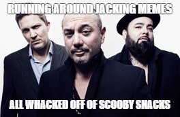 RUNNING AROUND JACKING MEMES; ALL WHACKED OFF OF SCOOBY SNACKS | image tagged in roflcopter | made w/ Imgflip meme maker