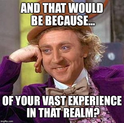 Creepy Condescending Wonka Meme | AND THAT WOULD BE BECAUSE... OF YOUR VAST EXPERIENCE IN THAT REALM? | image tagged in memes,creepy condescending wonka | made w/ Imgflip meme maker
