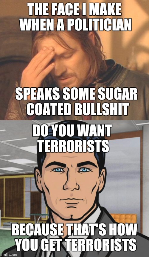 Terrorists | THE FACE I MAKE WHEN A POLITICIAN; SPEAKS SOME SUGAR COATED BULLSHIT; DO YOU WANT TERRORISTS; BECAUSE THAT'S HOW YOU GET TERRORISTS | image tagged in political meme | made w/ Imgflip meme maker