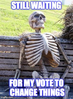 Waiting Skeleton | STILL WAITING; FOR MY VOTE TO CHANGE THINGS | image tagged in memes,waiting skeleton | made w/ Imgflip meme maker