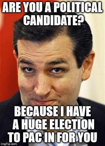 Bashful Ted Cruz | ARE YOU A POLITICAL CANDIDATE? BECAUSE I HAVE A HUGE ELECTION TO PAC IN FOR YOU | image tagged in bashful ted cruz | made w/ Imgflip meme maker