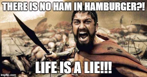 Sparta Leonidas | THERE IS NO HAM IN HAMBURGER?! LIFE IS A LIE!!! | image tagged in memes,sparta leonidas | made w/ Imgflip meme maker