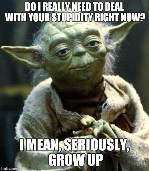 Star Wars Yoda | DO I REALLY NEED TO DEAL WITH YOUR STUPIDITY RIGHT NOW? I MEAN, SERIOUSLY, GROW UP | image tagged in memes,star wars yoda | made w/ Imgflip meme maker