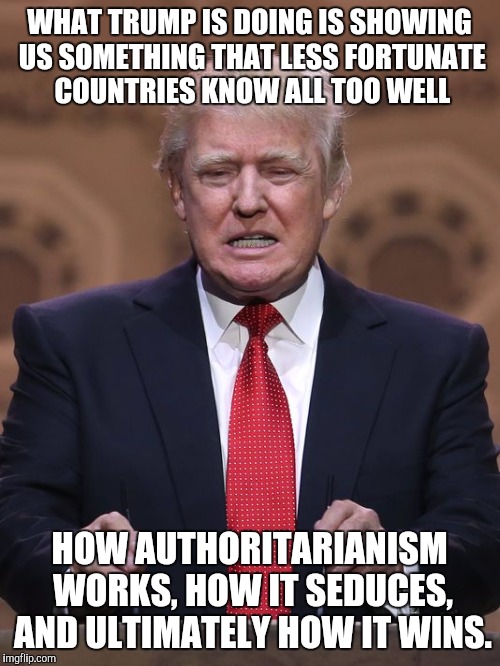 Donald Trump | WHAT TRUMP IS DOING IS SHOWING US SOMETHING THAT LESS FORTUNATE COUNTRIES KNOW ALL TOO WELL; HOW AUTHORITARIANISM WORKS, HOW IT SEDUCES, AND ULTIMATELY HOW IT WINS. | image tagged in donald trump | made w/ Imgflip meme maker