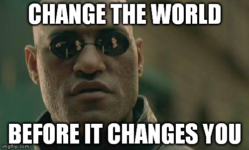 Matrix Morpheus Meme | CHANGE THE WORLD; BEFORE IT CHANGES YOU | image tagged in memes,matrix morpheus | made w/ Imgflip meme maker