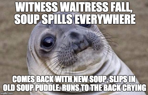 Awkward Moment Sealion | WITNESS WAITRESS FALL, SOUP SPILLS EVERYWHERE; COMES BACK WITH NEW SOUP, SLIPS IN OLD SOUP PUDDLE. RUNS TO THE BACK CRYING | image tagged in memes,awkward moment sealion,AdviceAnimals | made w/ Imgflip meme maker