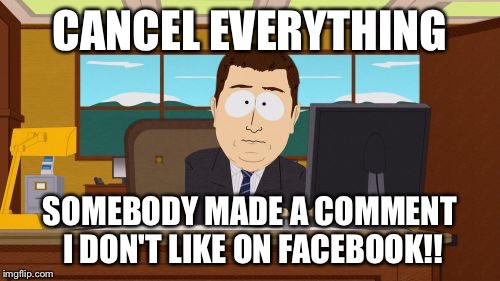 Aaaaand Its Gone Meme | CANCEL EVERYTHING; SOMEBODY MADE A COMMENT I DON'T LIKE ON FACEBOOK!! | image tagged in memes,aaaaand its gone | made w/ Imgflip meme maker